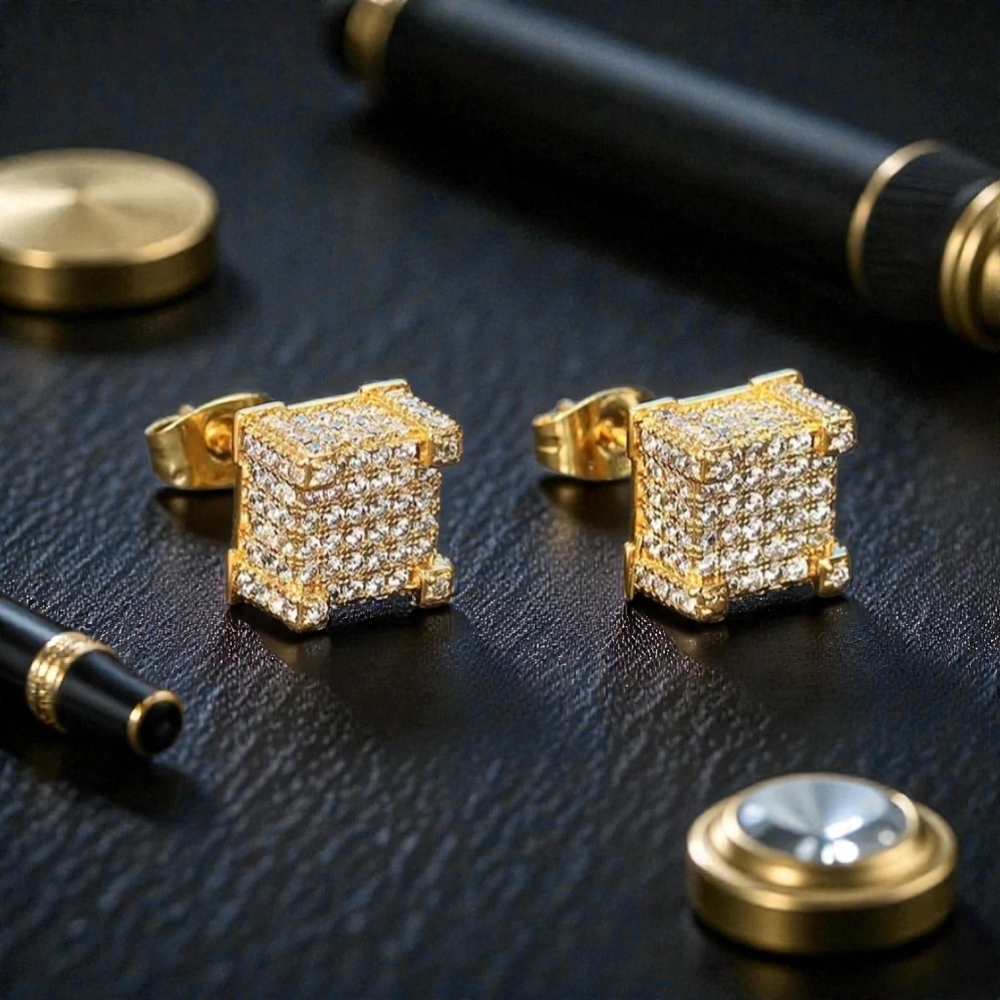 14K Mens Micropave Square Earrings